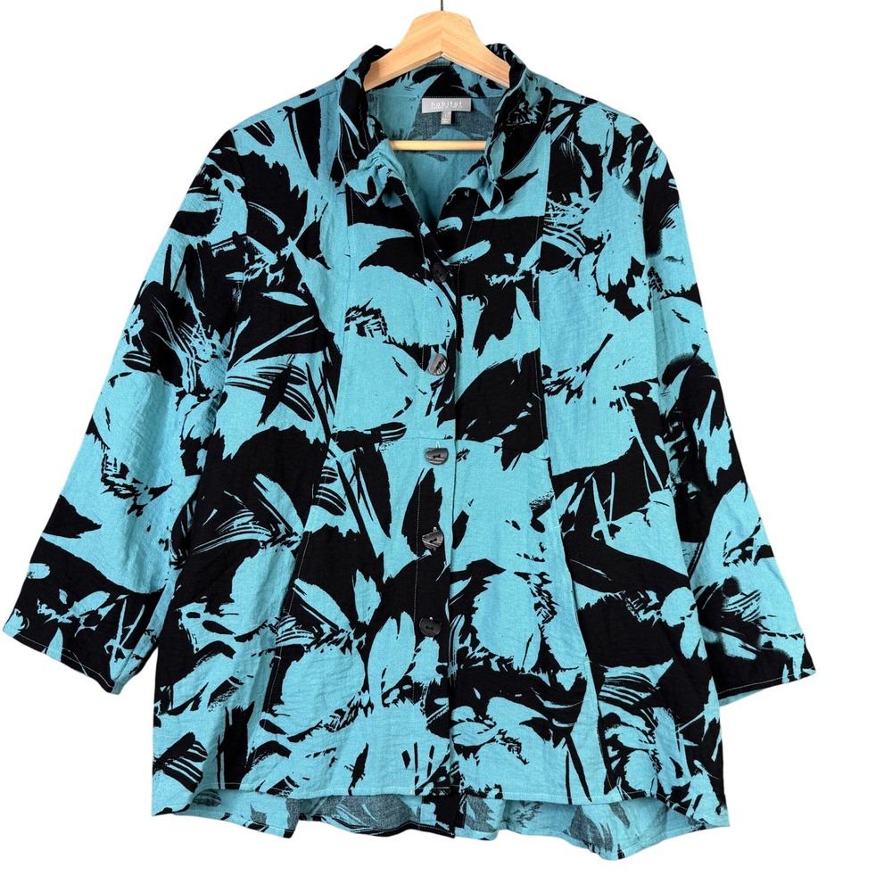 Habitat Clothes to Live In Teal Black Abstract Floral Swing Jacket Shirt L 36539
